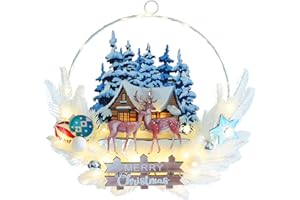 YZYVIOW Christmas Rustic Wreath for Front Door, Artificial Xmas Wreath with Decorations and Lights, Indoor Outdoor Holiday Decor (Elk)