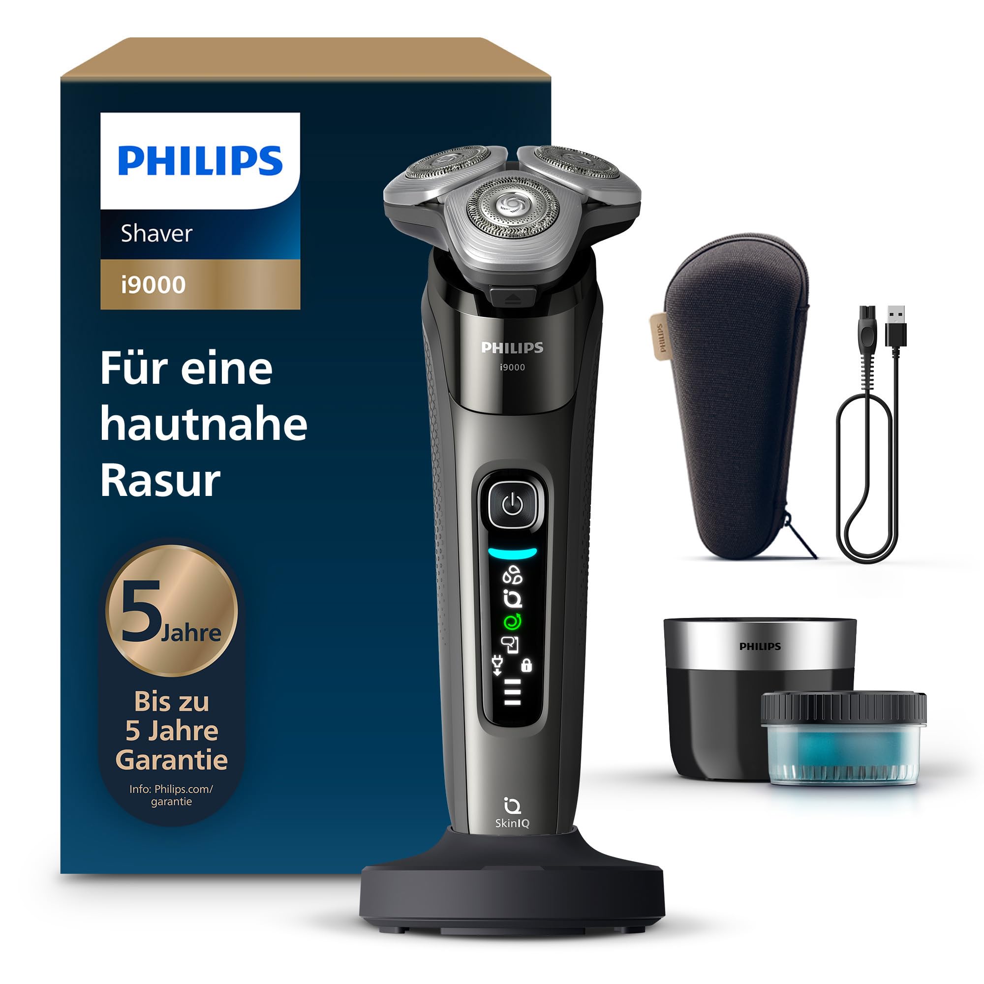 Philips Rasierer i9000, Elektrischer Nass-und Trockenrasierer für Herren mit integriertem Trimmer, dunkelgrau, Reinigungsstaion, Ladestation und Reiseetui (Modell X9002/30)