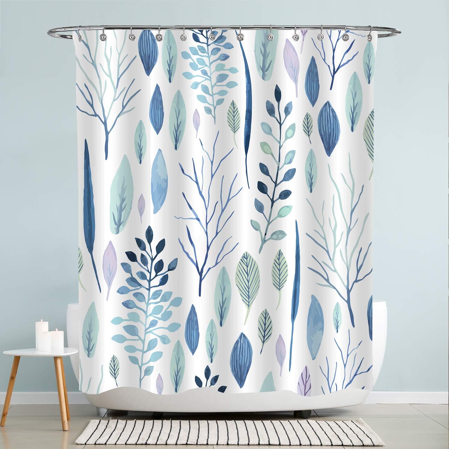 Sufancy Blue Floral Shower Curtain, Watercolor Floral Bathroom Curtain