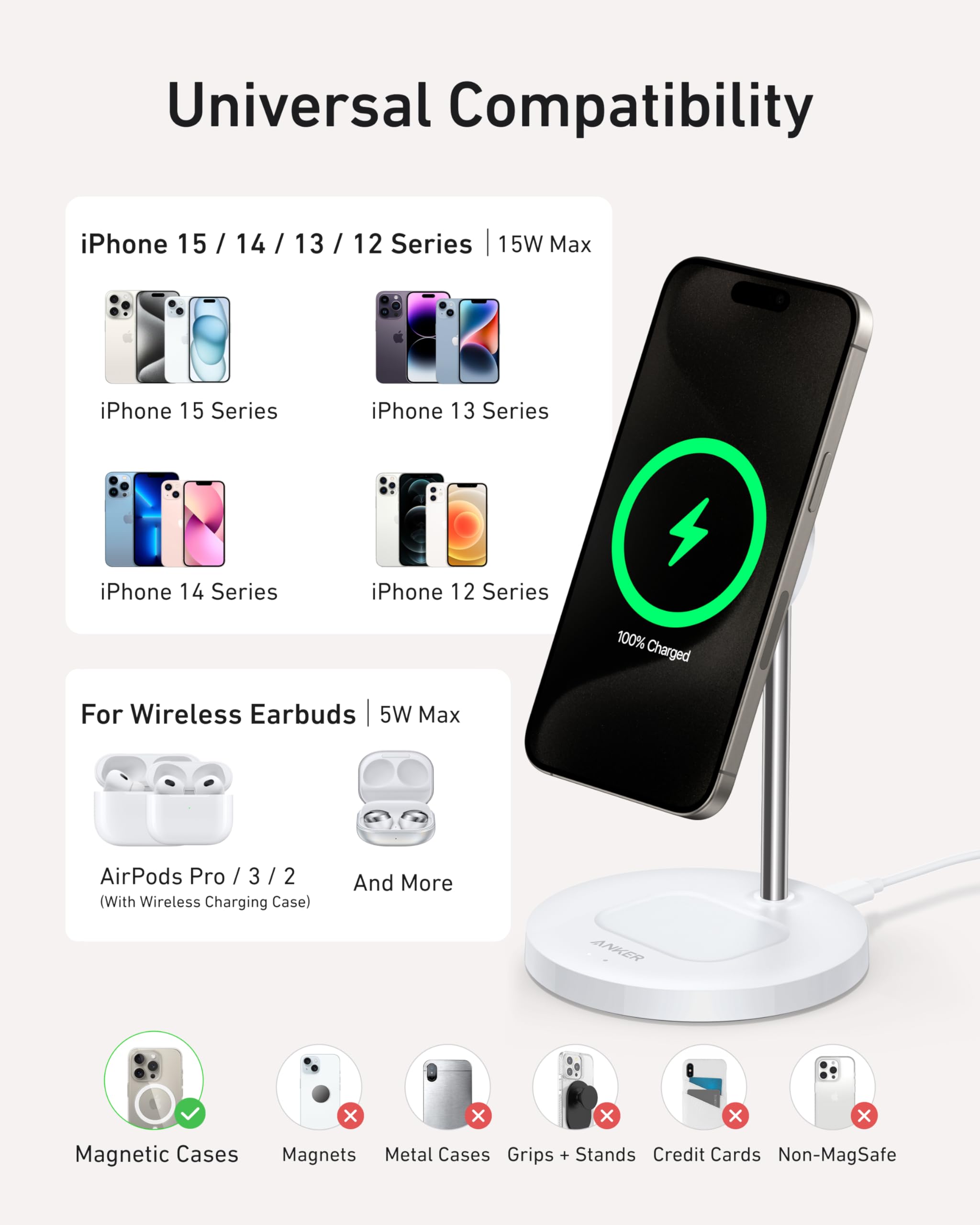 Anker MagSafe Compatible MagGo Charger Stand, iPhone 17 Wireless Charger, 2-in-1 Charging Station, Qi2 Certified 15W Fast Charging, for iPhone 17/16/15/14/13/12, AirPods Pro (Black, No Adapter)