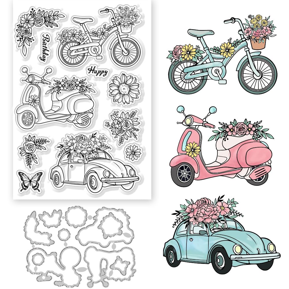 GLOBLELAND 2Pcs Vehicle and Flower Clear Stamps and Cutting Dies Motorcycle Bicycle Flowers Silicone Clear Stamps Cards and Metal Die Cuts for Card Making and DIY Embossing Scrapbooking