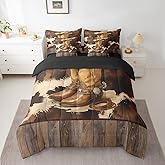 jejeloiu Western Decor Comforter Set with Sheets Queen Size Cow Fur Print Bed in a Bag Set for Boys Girls Teens Cowboy Hat Boots 7 Pieces Bedding Set Farmhouse Bed Set Olive Brown