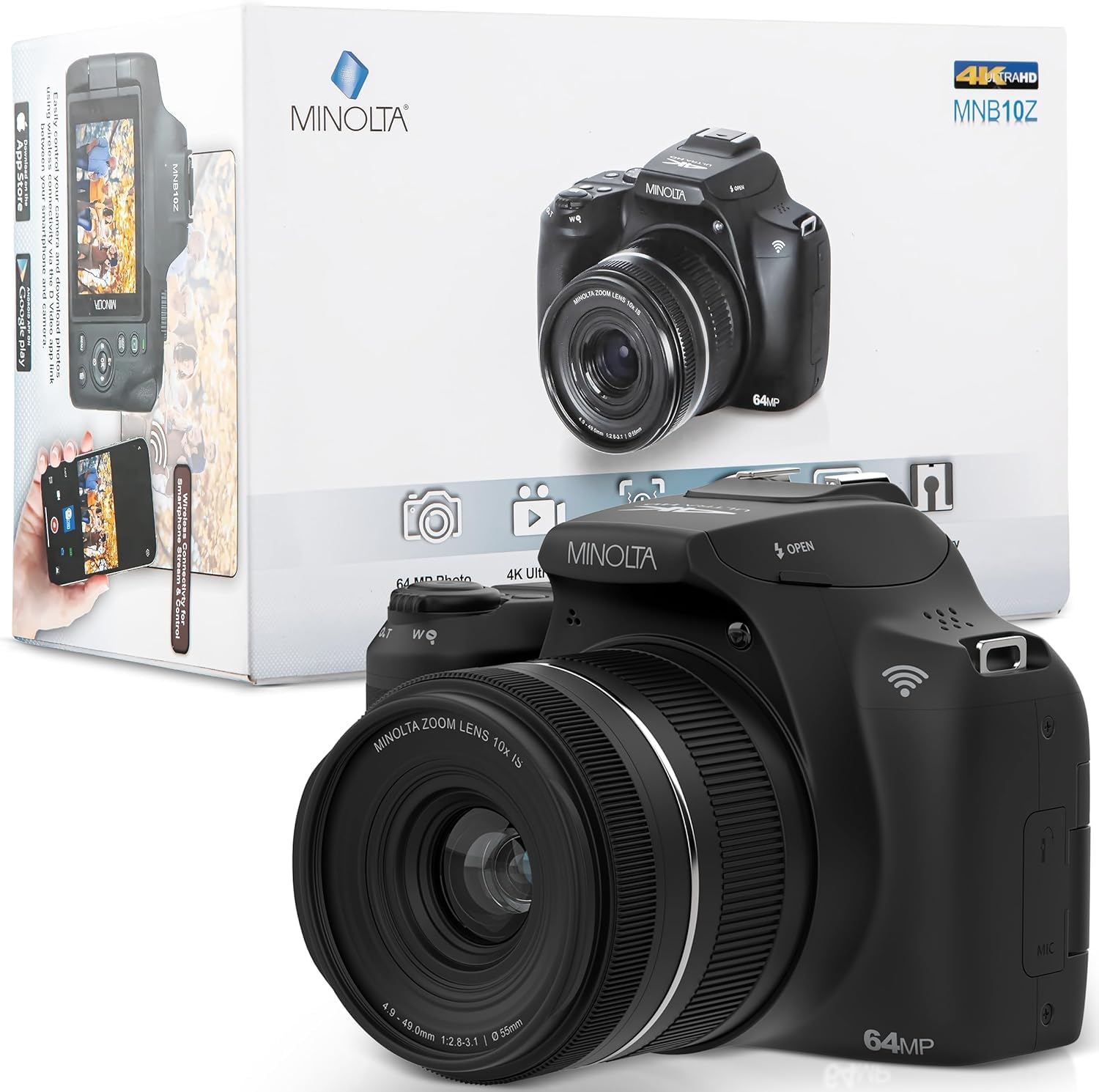 Minolta ProShot 64MP Digital Camera – 10x Optical Zoom, 4K Ultra HD Video, Macro Shooting, Anti-Shake, 3-inch LCD Screen, Face Detection – Includes 32GB SD Card, Battery & Case (Black)