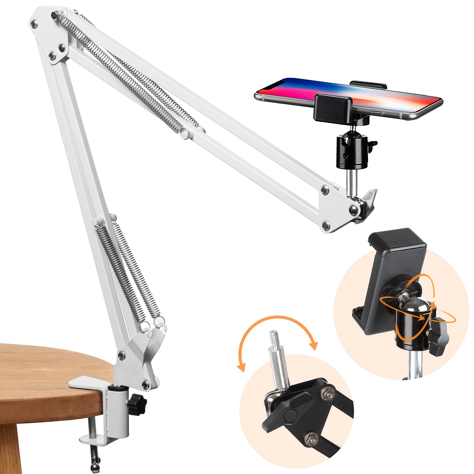 TARION Overhead Mount Articulating Arm Phone Holder Video Webcam Stand Lazy Arm Clamp Table Desktop Suspension Scissor Arm Stand (White)