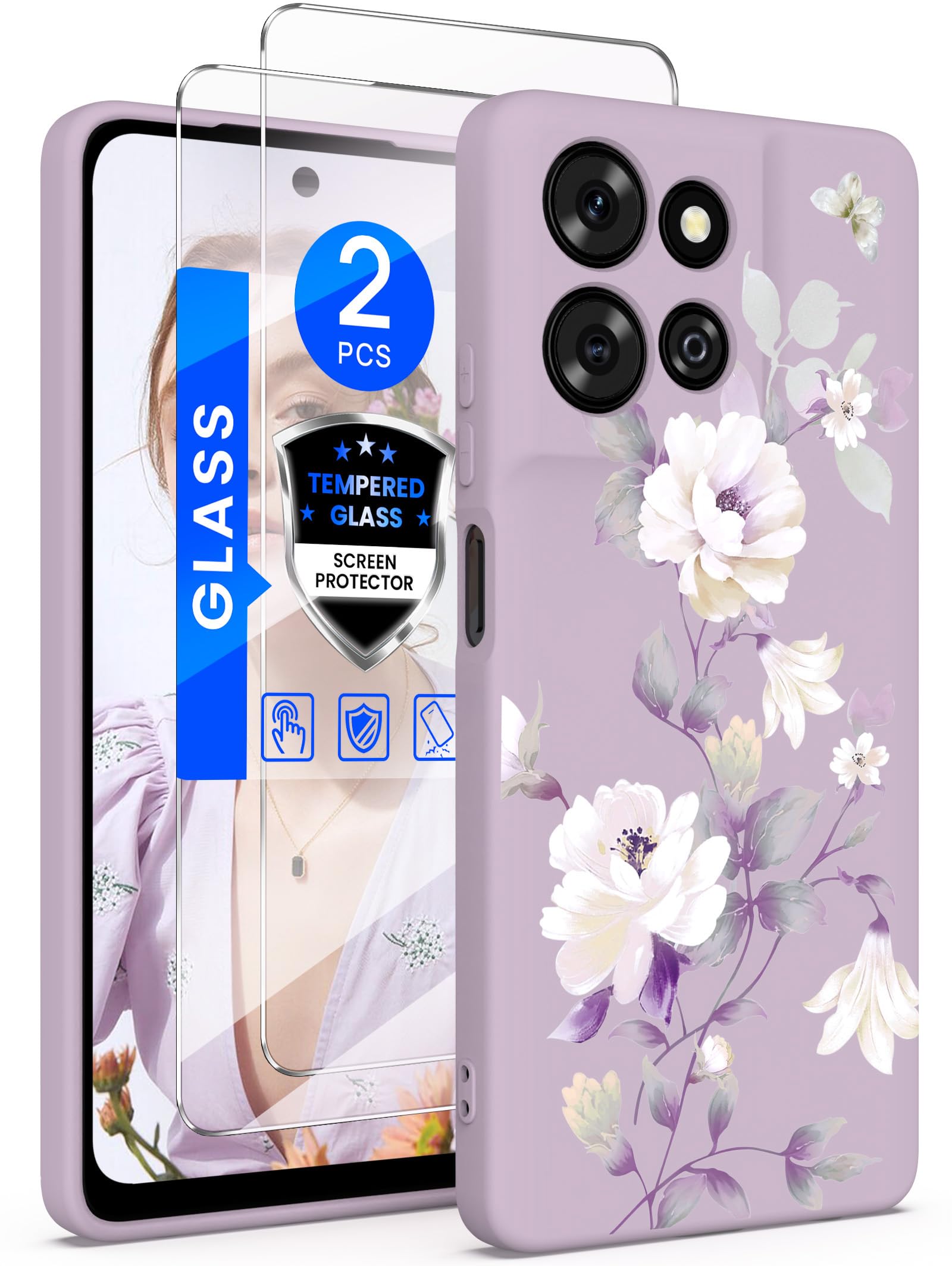 Yucenx for Motorola Moto G 5G 2026/Moto G Play 2026 Florals Case with 2X Screen Protectors, Girls Women Soft Liquid Silicone Shockproof Protective Cover for Moto G 5G 2026/G Play 2026(Purple)