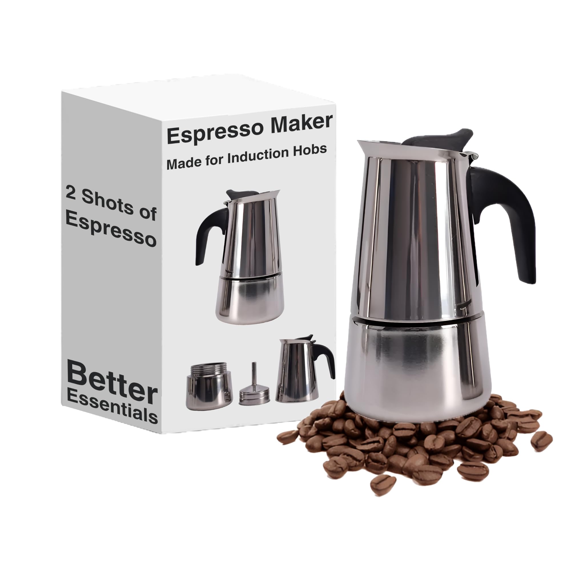 (NEW 2024) PREMIUM INDUCTION STOVETOP COFFEE MAKER | MOKA POT 2 CUP CLASSIC ITALIAN STYLE | EASY TO CLEAN SUSTAINABLE STAINLESS STEEL | ESPRESSO COFFEE BREWER | SILVER CHROME FINISH | ECO FRIENDLY