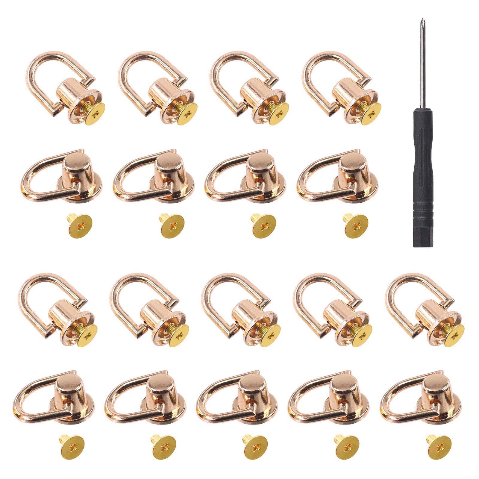 Keadic 21Pcs Gold D Rings Rivets with Hole Punch and Screwdriver, 360 Rotatable Brass Post Head Buttons Studs Rivets Nails Chicago Stud Screw for DIY Leather Collar Belt Backpack Handbag