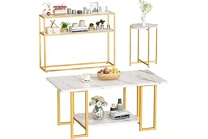 AWQM 3pcs Living Room Table Set, Faux Marble White Coffee Table & 3-Tier End Table & Console Tables & Gold Metal Frame for Home Living Room Office Entryway - Round End