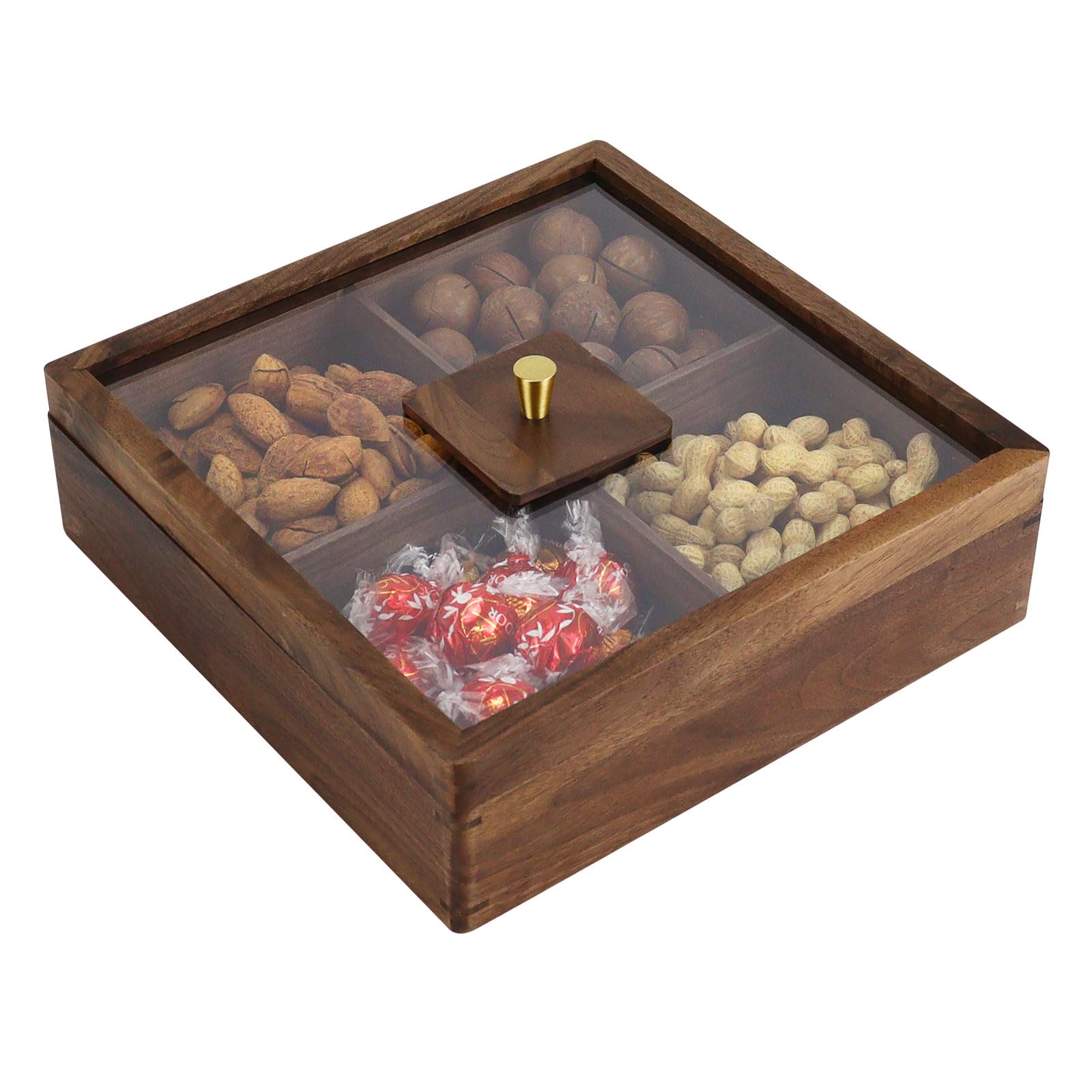 Photo 1 of Multibey 4 Compartment Walnut Snack Tray with Glass Lid - Solid North American Wood Serving Platter for Nuts Candy Dry Fruits Storage Container Multi Purpose Party Food Organizer