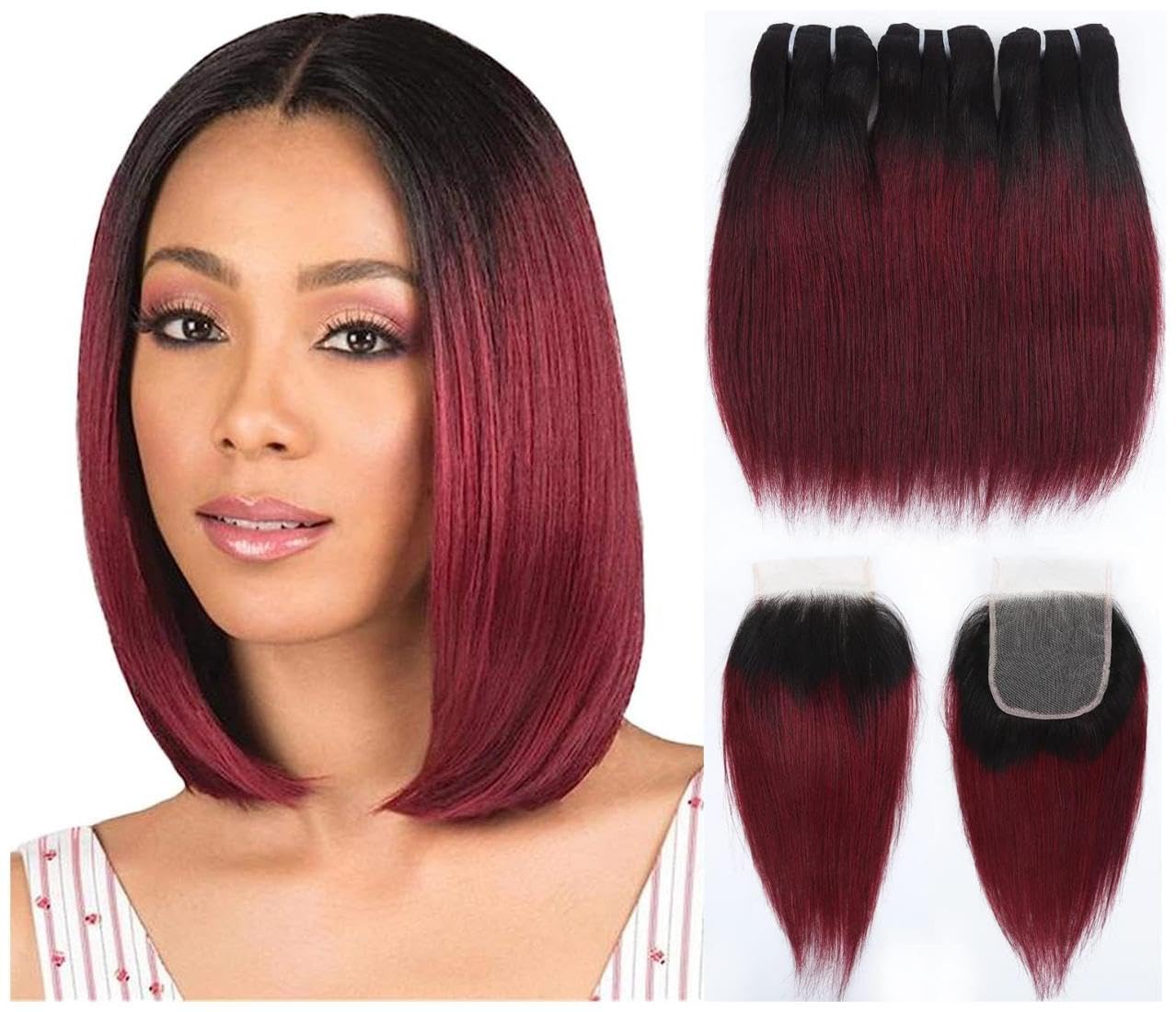 Sexycat Straight Bundles with 4x4 Lace Closure Human Hair 10 10 10+10 Inch，#1B/99J Ombre Burgundy 100% Unprocessed Brazilian Virgin Hair Extensions Weave Weft Bundles with Middle Part Closure