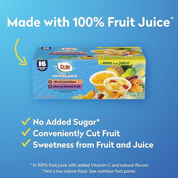 DOLE DICED PEACHES AND CHERRY MIXED FRUIT IN 100% JUICE VARIETY PACK – DOLE FRUIT BOWLS SNACKS – 4 OZ BOWLS – 16 PACK