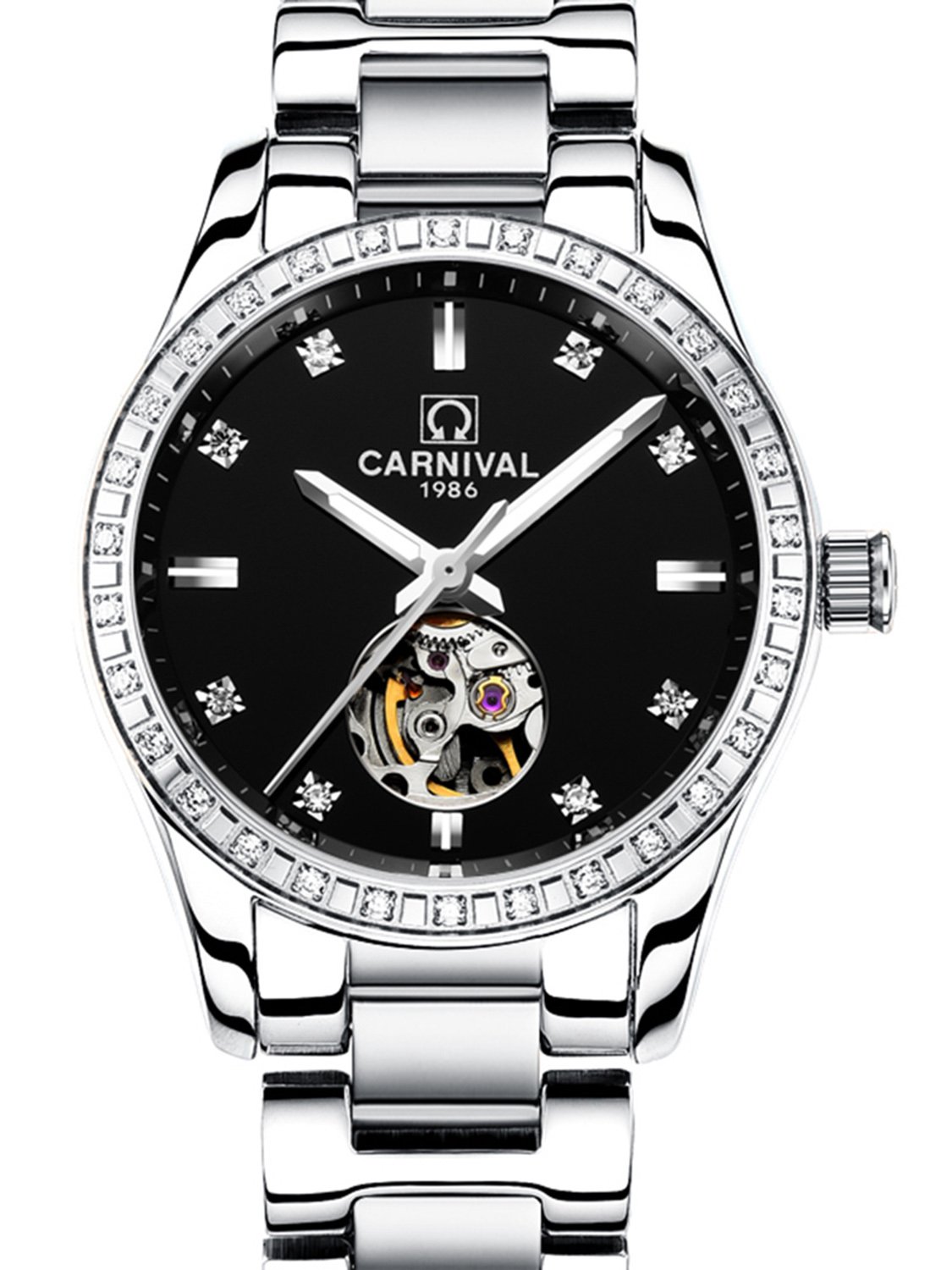 Carnival Womens Skeleton Automatic Mechanical Synthetic Sapphire Crystal Rose Gold Stainless Steel Lady Sapphire Waterproof White Watch, silver/black face, fashion