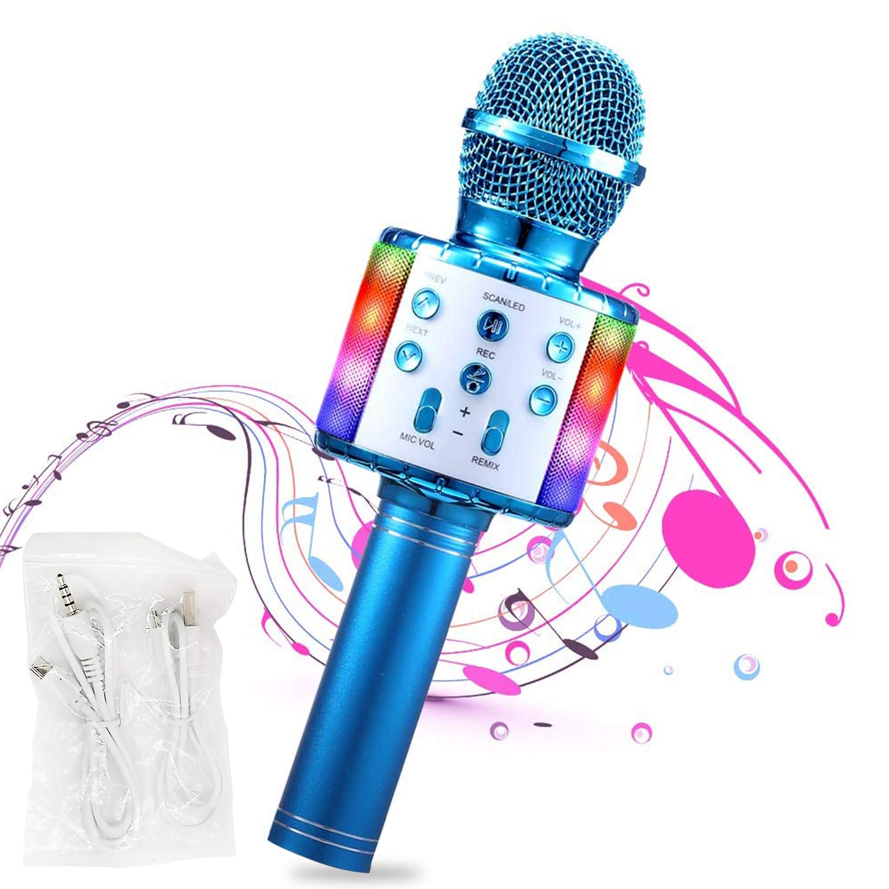 Wireless Bluetooth 32 LED Microphone for Children Vocal Portable Handheld Microphone Children's Microphone for Music Playing KTV Party for Android/iOS with Charging Cable and Aux Cable