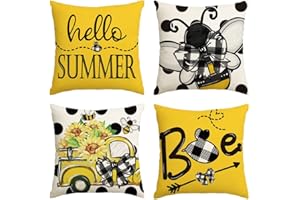 AVOIN colorlife Summer Hello Sunshine Bee Truck Polka Dots Throw Pillow Covers, 18 x 18 Inch Summer Cushion Case for Sofa Couch Set of 4