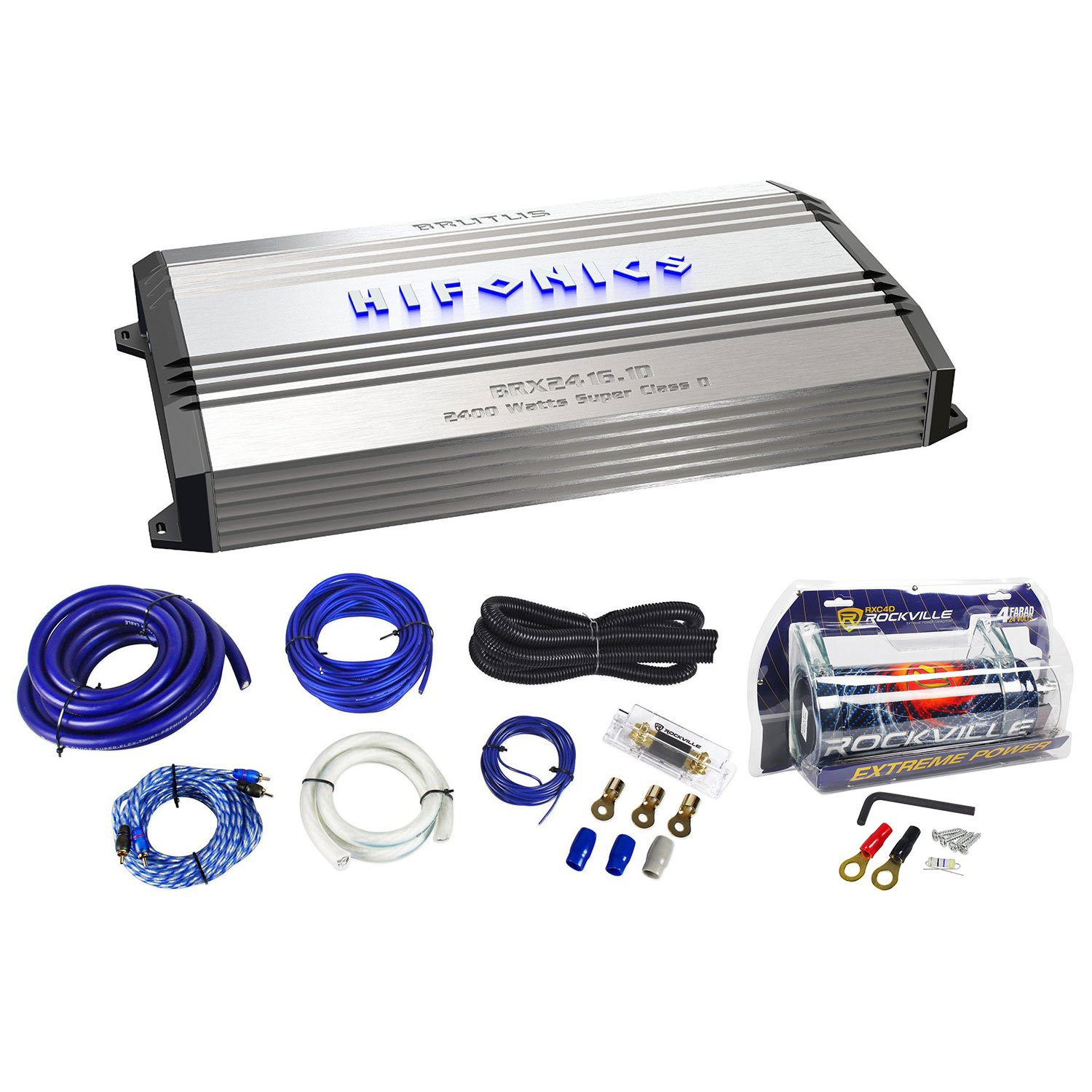 Buy New Hifonics Brutus BRX2416.1D 2400W RMS Mono Car Amplifier+Amp Kit+Capacitor Online at