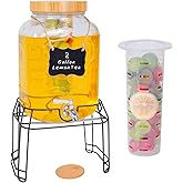 Roemey 2 Gallon Glass Drink Dispenser with Stand,Stainless Steel Leakproof Spigot &Bamboo Lid& Labels& Fruit Infuse, Large Beverage Dispenser for Parties, Lemonade, Sun Tea, Picnic & Outdoor Use 