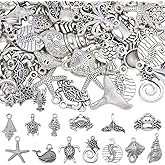 SUNNYCLUE 1 Box 60Pcs Metal Starfish Charms Silver Octopus Charm Bulk Tibetan Marine Life Sea Animal Fishtail Whale Crab Lobster Pendants for Jewelry Making DIY Crafts Earrings Necklaces Keychains