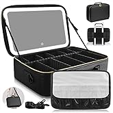 15''X11'' Large Capacity Makeup Bag with LED Mirror, Professional Makeup Case Organizer with 3 Color Light Adjustable Brightness, Travel Make up Cosmetic Case with Detachable Dividers & Shoulder Strap