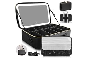 JJHXR 15''X11'' Large Capacity Makeup Bag with LED Mirror, Professional Makeup Case Organizer with 3 Color Light Adjustable Brightness, Travel Make up Cosmetic Case with Detachable Dividers & Shoulder Strap