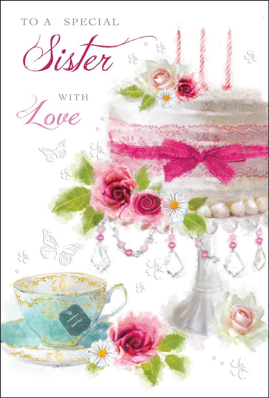 Sister Birthday Card (JJ1993) Cake, Flowers & Candles