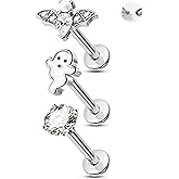 Jewseen 316L Surgical Steel Internally Threaded Flat Back Earrings Set 16G Halloween Tragus Earrings Bat Helix Piercing Jewelry Cartilage Nose Lip Stud for Women Men