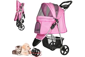 LPOTIUS Dog Stroller for Small Dogs, Portable Pet Stroller for Cats Folding Puppy Stroller Lightweight Dog Cat Cage Jogger Stroller with Storage Basket and Cup Holder, 3 Wheels, Pink
