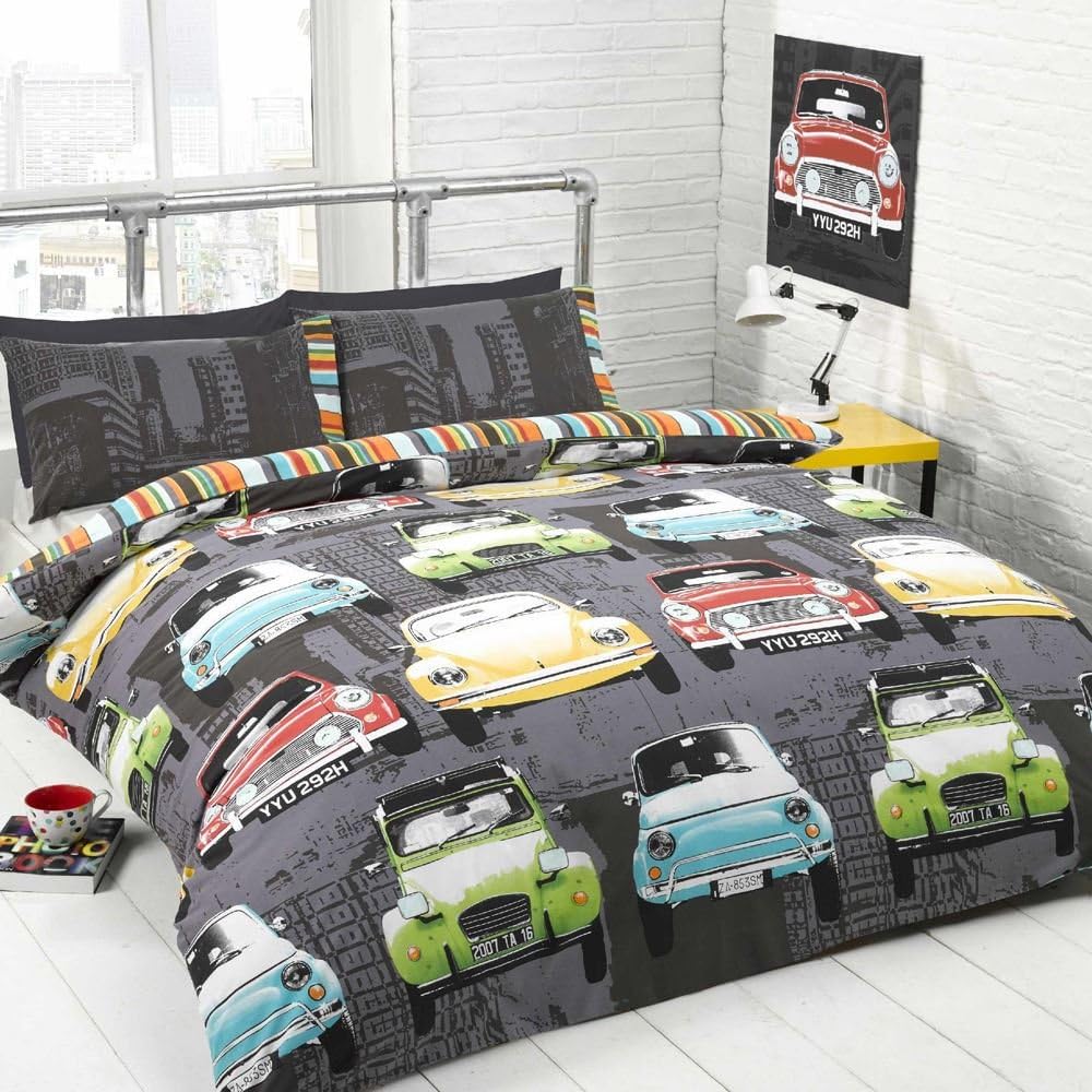Classic Cars Double Bed Size Vintage 1960's Grey Green Red Yellow Duvet