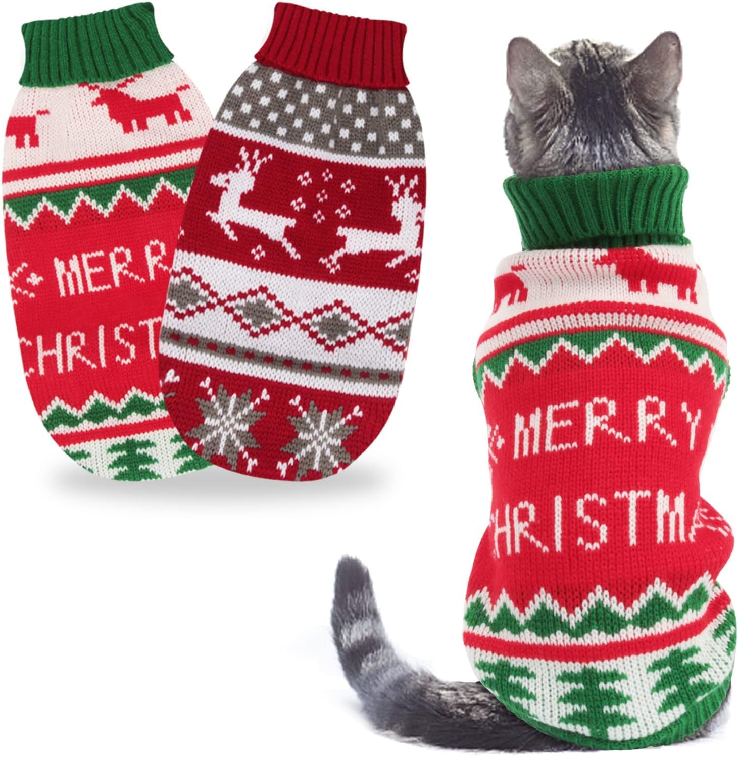 HYLYUN 2 Packs Cat Christmas Sweater Cat Xmas Jumper, Pet Winter Knitwear Warm Clothes with Reindeer Snowflake Pattern Merry Christmas Pet Sweaters for Kittys and Small Dogs