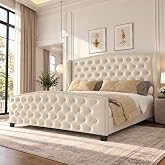 LARMACE Queen Size Bed Frame Velvet Upholstered Platform Bed with Wingback Headboard &amp; Footbaord, Deep Button Tufted Bed Frame with Wood Slats Support, No Box Spring Needed, Beige