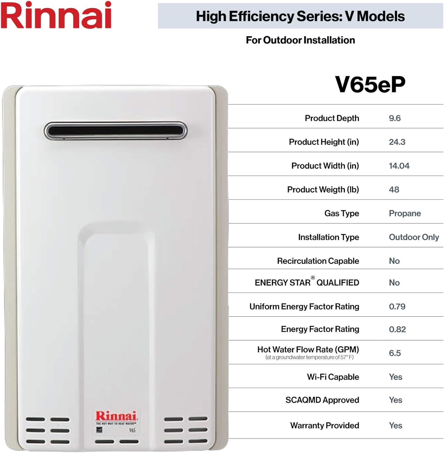 Rinnai V65EP Tankless Water Heater, Large, V65eP-Propane/6.5 GPM - - 