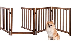 AXEMAN Freestanding Dog Gate-24 Solid Oak Wood Wooden Pet Gate with Door Walk Through, Accordion Style Folding Fence for Stairs, Doorways, Halls & Home, Indoor House Gate Safety Fence, 4 Panels, Walnut