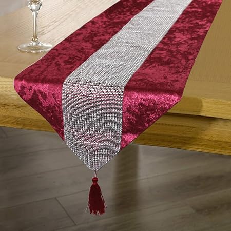 Tts Fuchsia Pink Velvet Diamante Table Runner With Tassels
