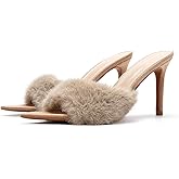 BOEGBNW Women'S Pointed Open-Toe Stiletto Cute Fuzzy Slide Sandals Sexy Slip On High Heel Feather Mules Wedding Birthday Bridal Party Dress Backless Slipper Pumps