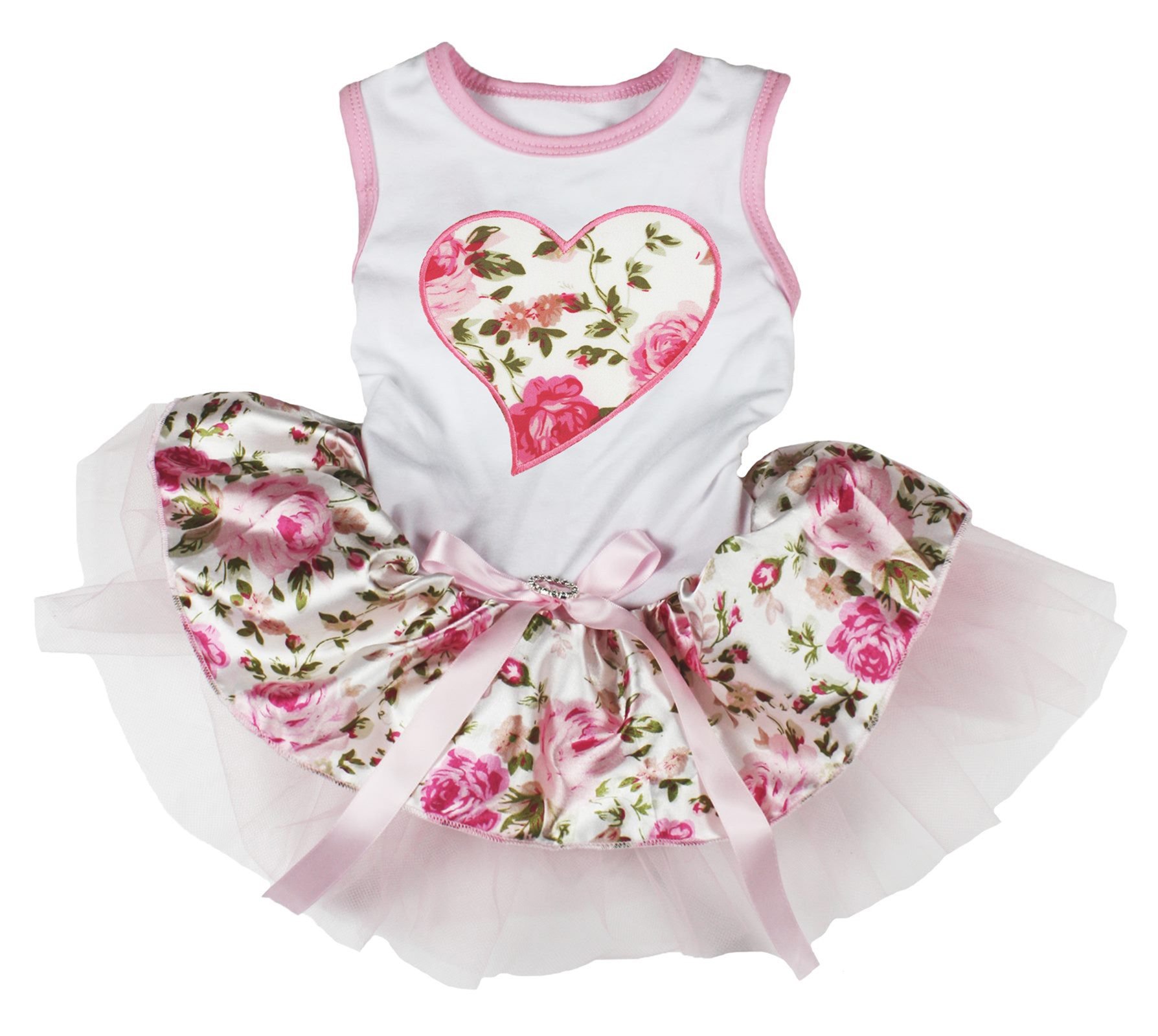 Petitebelle Pink Rose Heart Puppy Dog Dress (White/Pink Rosettes, X-Large)