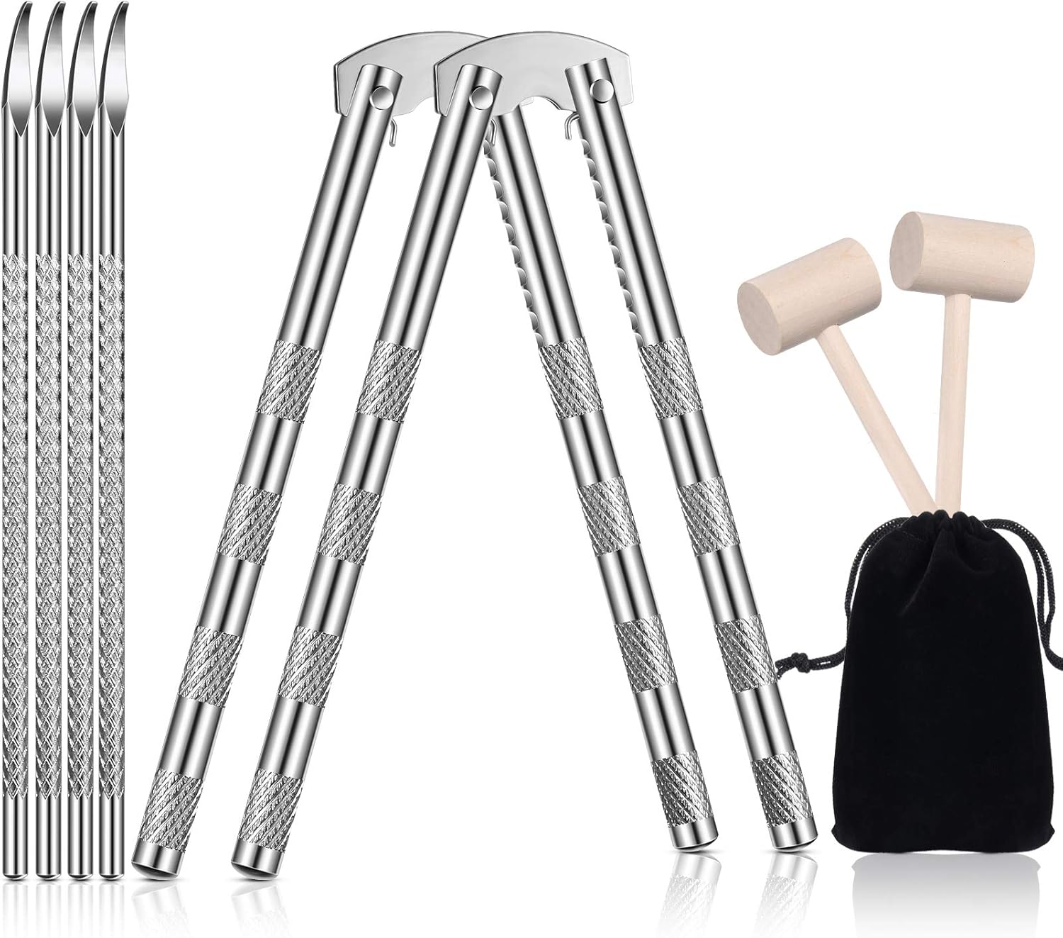 Nut Cracker Set Including 2 Pieces Shell Lobster Openers Nutcracker Seafood Crackers Metal Nut Openers 4 Pieces Picks and 2 Pieces Wooden Crab Lobster Mallets for Opening Seafood Nuts