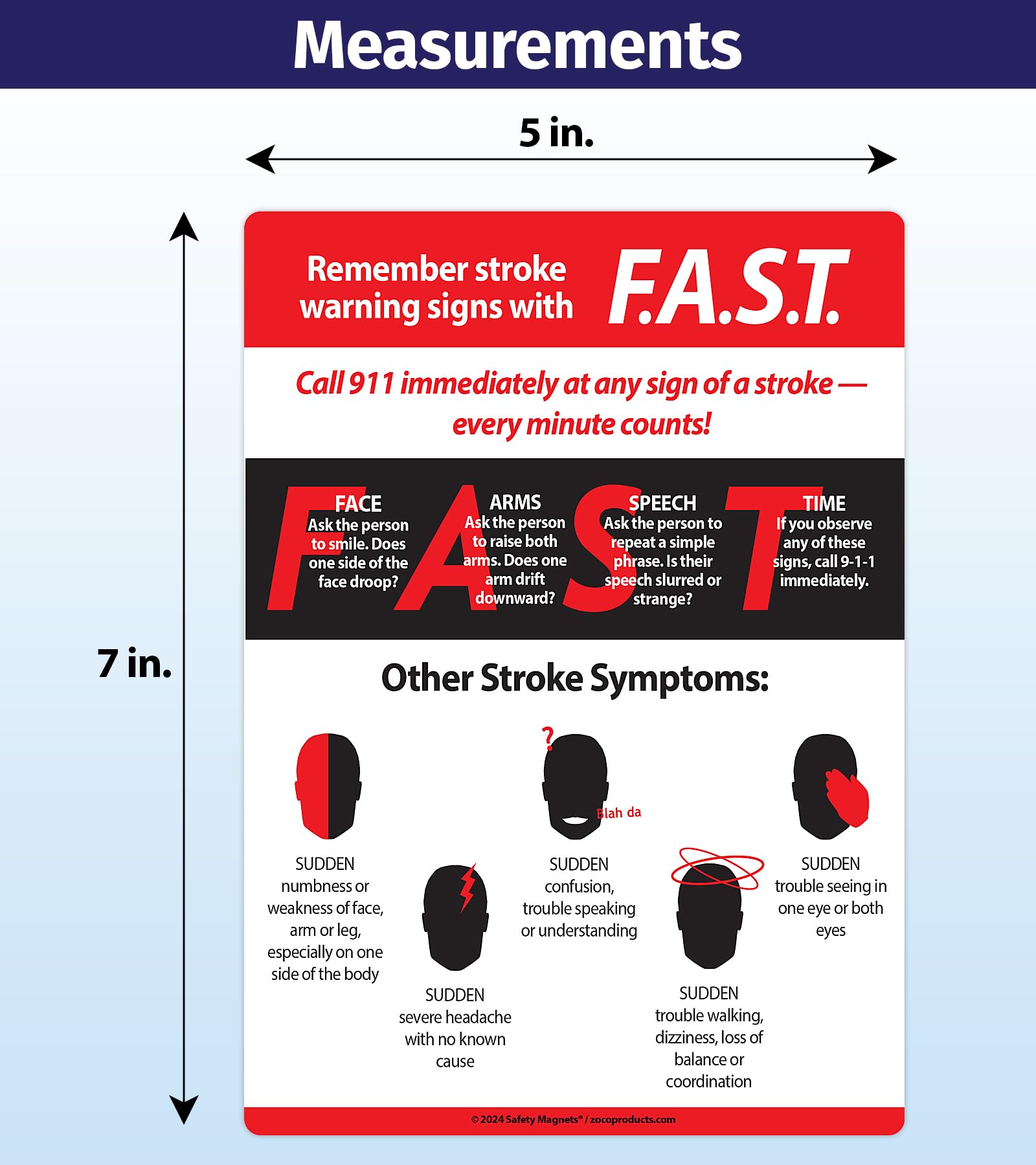 Safety Magnets FAST Stroke Warning Signs & Symptoms Fridge Magnet — Emergency Info for Seniors — 5