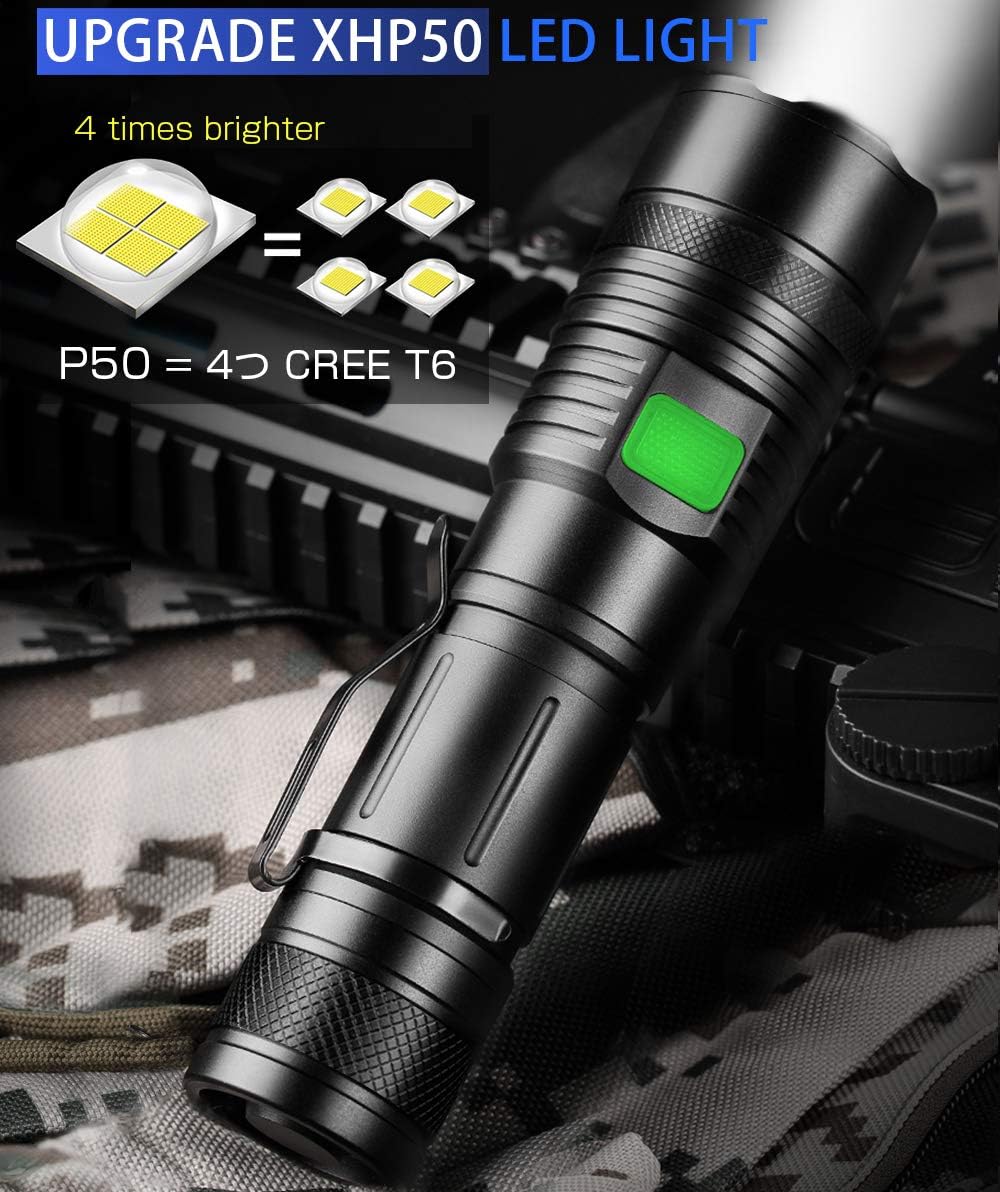 Rechargeable Usb Led Flashlights 2500 High Lumens, Zoomable 5Modes tactical Flash Light, Cree XHP50 Bright Handheld Lights, Powerful Torch, Waterproof, Power Display, 18650 Battery, Camping Outdoor Emergency - - 