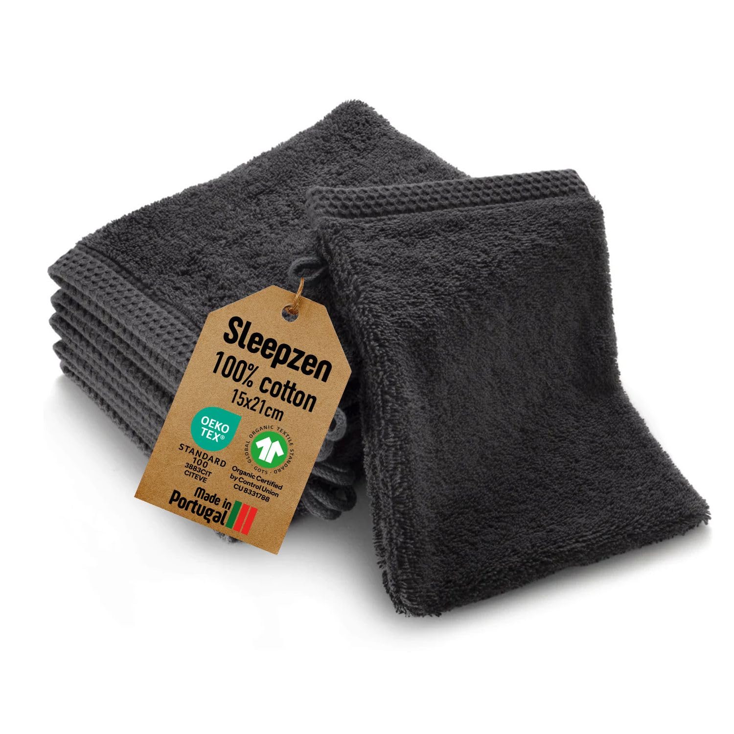SLEEPZEN - Set of 6 Organic Cotton Face Cloths/Washcloths/Flannels (Grey) - GOTS Certified - 500 gsm Long-Staple Cotton - Ultra Absorbent & Soft - Oeko-Tex Certified - Made in Portugal
