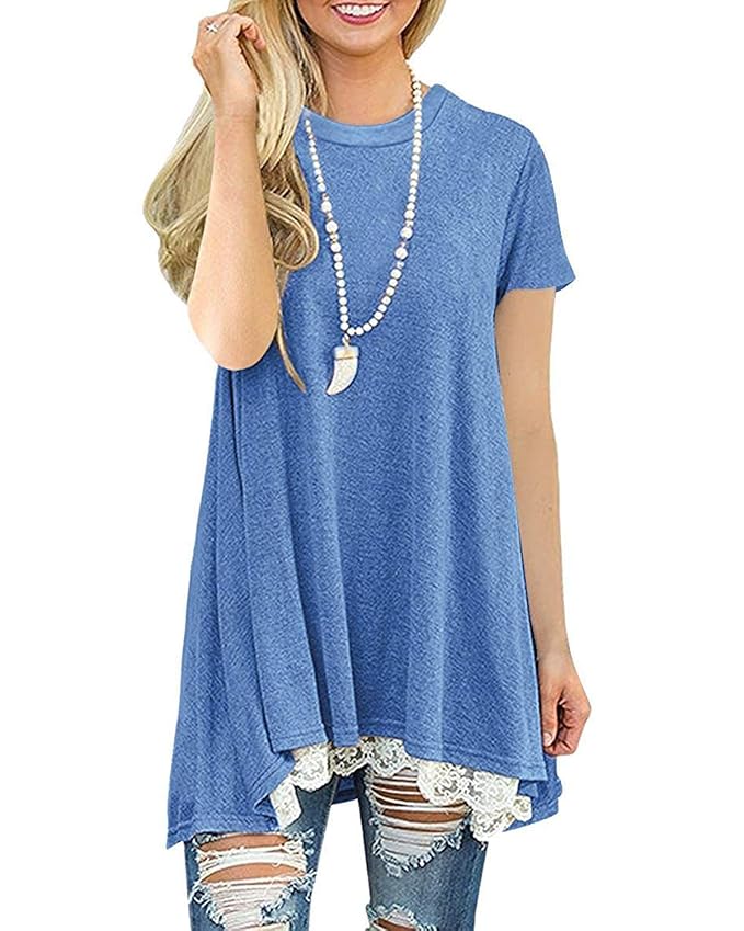 Lalala Kurzarm/Langarmshirt Damen Loose Fit Tunika Top Casual Rundhals Shirt Bluse Oberteile mit Spitze