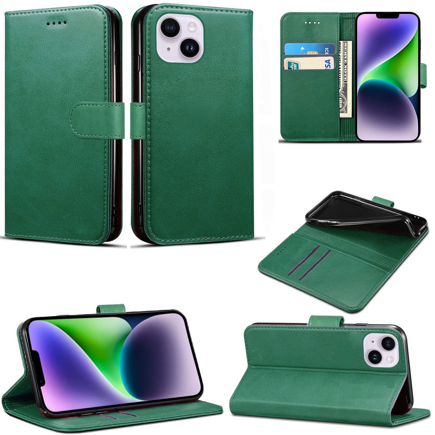 EKAM Case Compatible With iPhone 14 Leather Wallet Book Flip Folio Stand View Cover Magnetic Closure with Card Slots for iPhone 14 [6.1 Inch] (Dark Green)