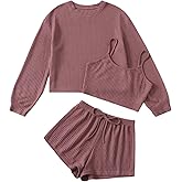 SHENHE Women's Pajama Set 3 Piece Ribbed Knit Cami Top and Shorts Lounge Sets Sleepwear Outfits with Tee