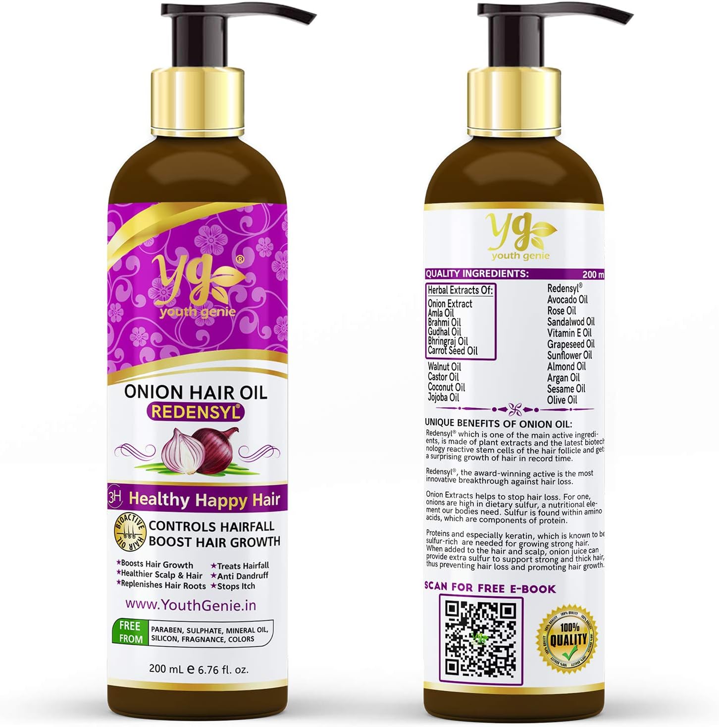 Youth Genie Pure Onion Hair Care Oil - With Pure Argan, Cedarwood, Bhringraj, Jojoba, Hibiscus, Fenugreek, Amla, Almond 200 ML (6.76oz)
