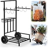 Fijaru 2-in-1 Leaf Bag Holder Cart & Hand Truck Dolly, Heavy Duty Garden Trash Bag Stand with 7" All-Terrain Wheels, 200lbs Capacity, Anti-Loss Clips & Utility Basket for Yard Work, Moving, Camping