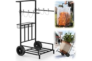 Fijaru 2-in-1 Leaf Bag Holder Cart & Hand Truck Dolly, Heavy Duty Garden Trash Bag Stand with 7" All-Terrain Wheels, 200lbs Capacity, Anti-Loss Clips & Utility Basket for Yard Work, Moving, Camping