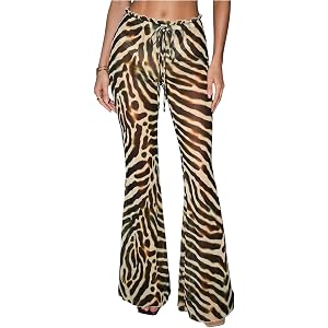 GORGLITTER Women's Zebra Print Rave Pants Sexy Sheer Mesh High Waist Bell Bottom Pants for Dance Festival Clubwear