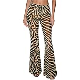 RoseSeek Women's Zebra Striped Mesh Flare Leg Pants Y2k Legging Bell Bottom | Drawstring High Waist, Sheer Mesh, Y2K Club Outfits, Streetwear, Party Night Out, Flare Leggings