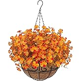 Luiywan Artificial Fall Flowers with Hanging Basket, Fake Mums Daisy Plants with Eucalyptus Leaves UV Resistant, Outdoor Autumn Decor for Home Garden Porch Patio Thanksgiving (Orange, 1 Pack)