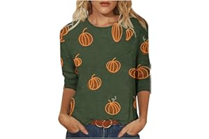 FARTEY 3/4 Length Sleeve Womens Tops Casual Pumpkin Cat Print Halloween Shirts Round Neck Loose Lightweight Fall Tops Blouses