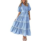 PRETTYGARDEN Women's Summer Button Down Shirt Dress Short Puffy Sleeve Tiered Ruffle Flowy Long Maxi Dresses