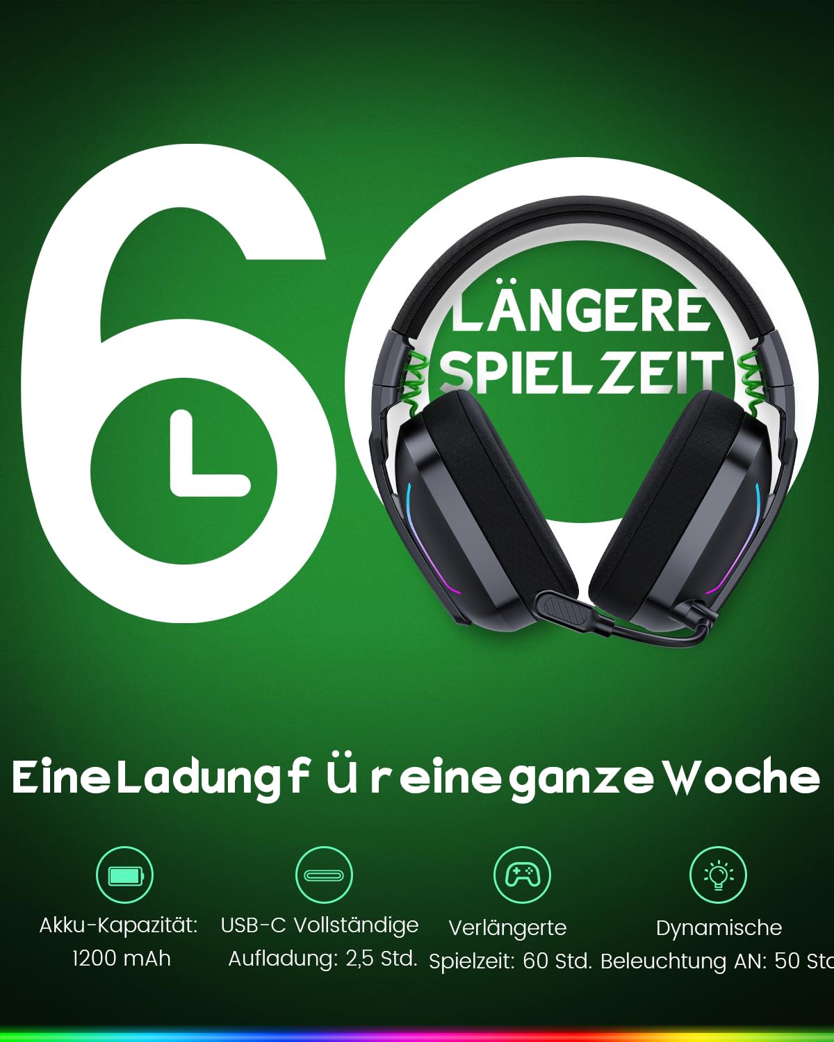 WESEARY Gaming Headset Wireless mit Mikrofon für PS5 PS4 PC Switch Handy 6